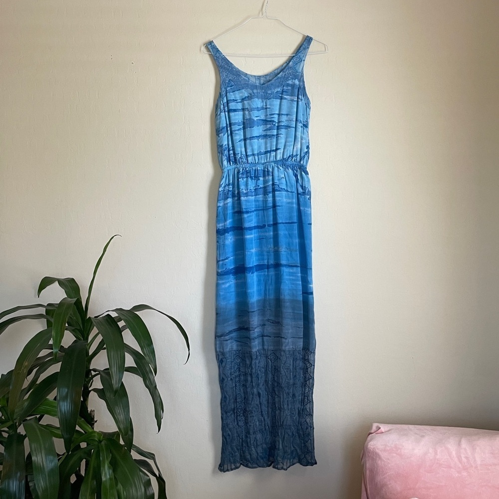 Gypsy 05 Silk Beachy Blue Boho Embroidered Printed Maxi Dress